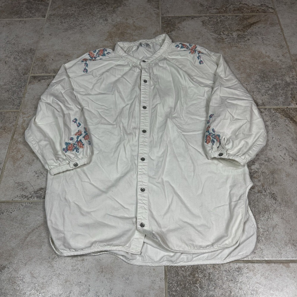 Lucky Brand Tunic Womens Large White Floral Embroidered Boho Button Up‎